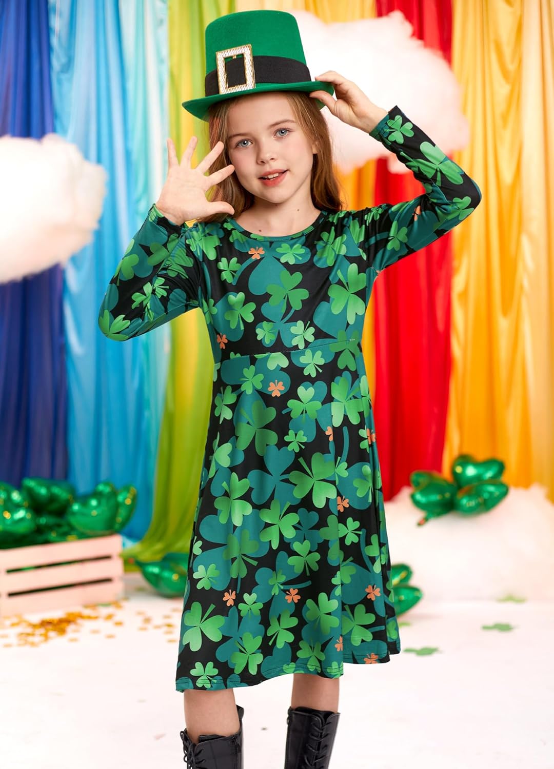 Girl's St Patrick's Day Clover Print Irish Shamrock Long Sleeve A-line Midi Dress 4-14 Years - Image 4