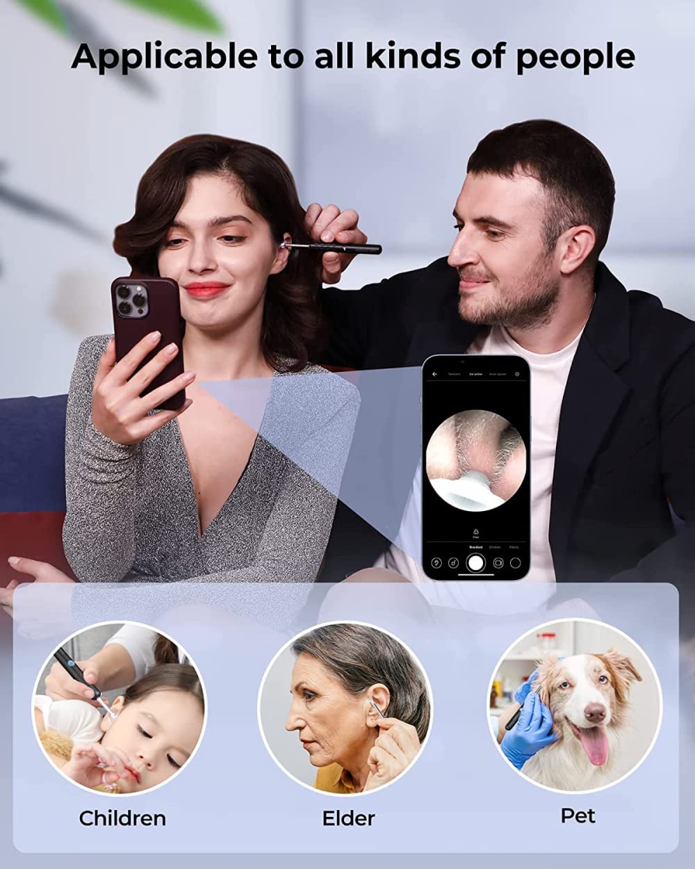 SELET Herramienta de Cera de oído con otoscopio 1080P, de oídos con 2 cucharas de Silicona, cámara de oído con 6 Luces LED para Limpieza de oídos, Compatible con iOS, Andriod, Negro/Blanco-Black