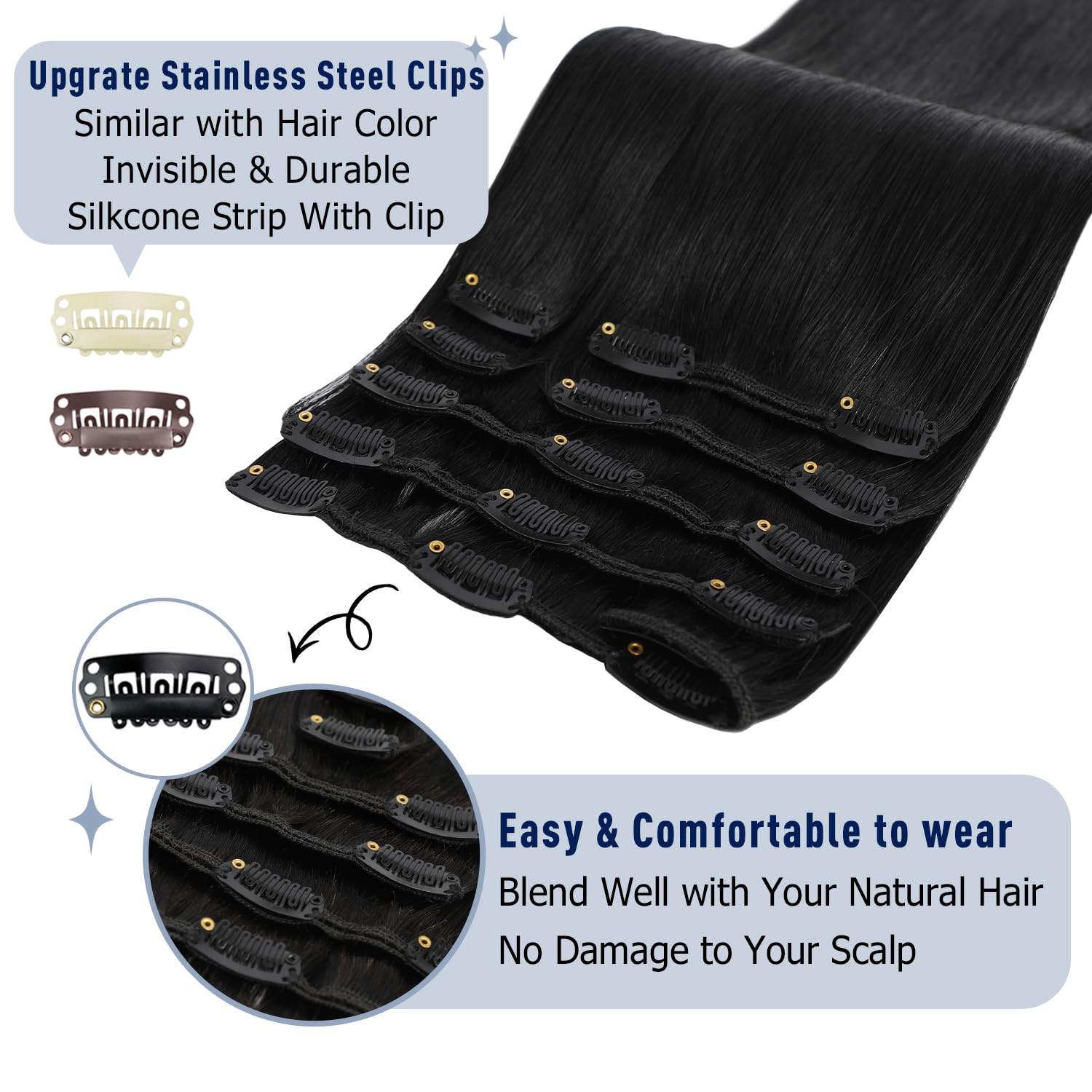 Sunya Real Human Hair Clip in Hair Extensions, 14 Inch Seamless Clip ins, Jet Black, 7 Pieces with 16 Clips - Image 3