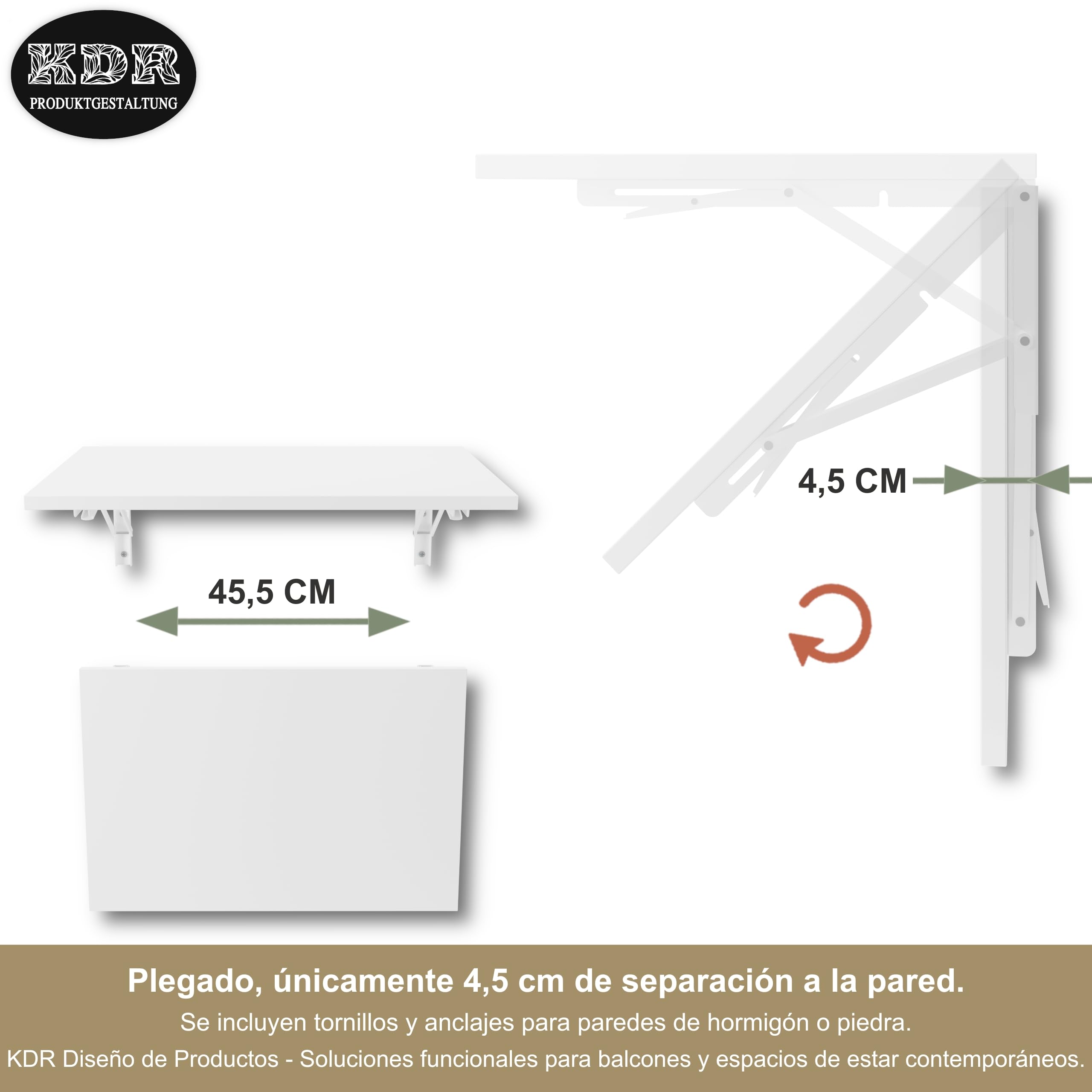 KDR Mesa Plegable de Pared 60 x 40 cm Blanco – Mesa abatible Multifuncional Ahorra Espacio, Escritorio Plegable o Mesa de Comedor para Cocina, Oficina o Estudio