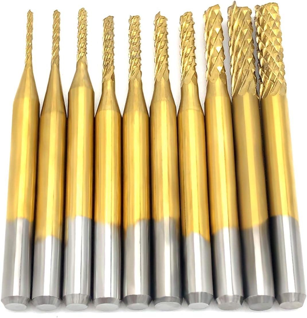 Carbide CNC Rotary Bits, End Mill Burrs Milling Bit with Titanium Plating, Eaninno 10 PCS Engraving Bit Drilling Hole Tool Set for PCB SCM Circuit Board Plastic Fiber Wood (0.8-3.175 mm)