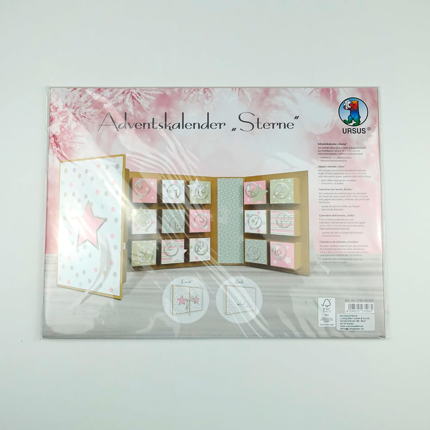book stars, made of kraft cardboard, material for an advent calendar, including decorative papers, satin ribbon and advent numbers, approx. 22.4 x 16.1 x 5.3 cm, rose / grey, one size