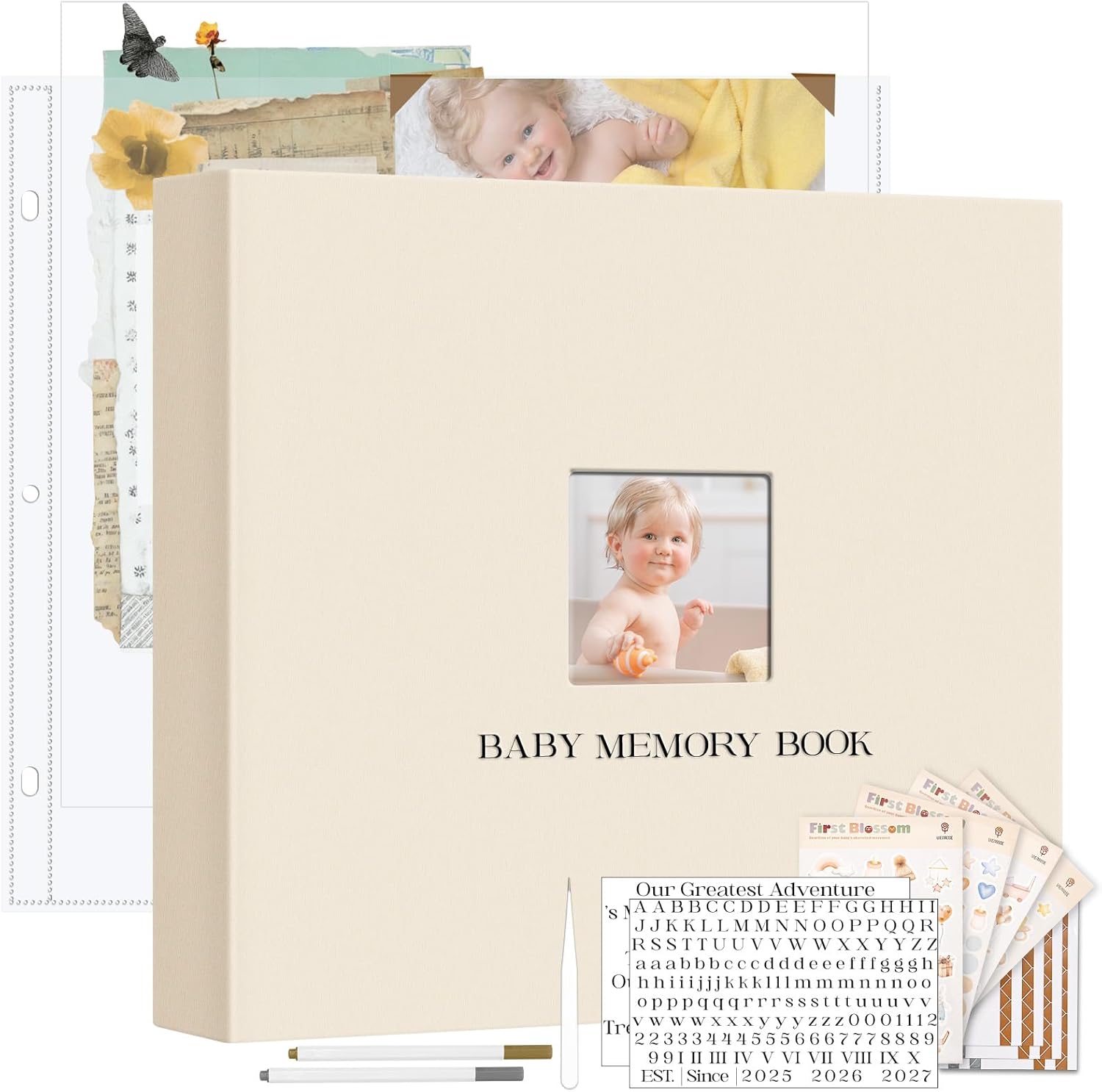Vienrose Linen Scrapbook Photo Album Kit, Large 3 Ring Binder Scrapbook with 30 Plastic Sleeves, 15x13 Inch DIY Memory Book for Wedding, Baby Shower, Family & Kids Keepsake Gift, Beige