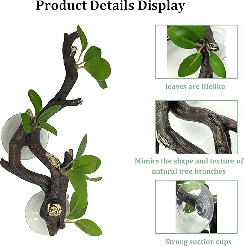 Miniatura 9 de PINVNBY 2 piezas de decoración de plantas de terrario de rama de esquina de reptiles con ventosa de resina para anfibios, lagartos y serpientes