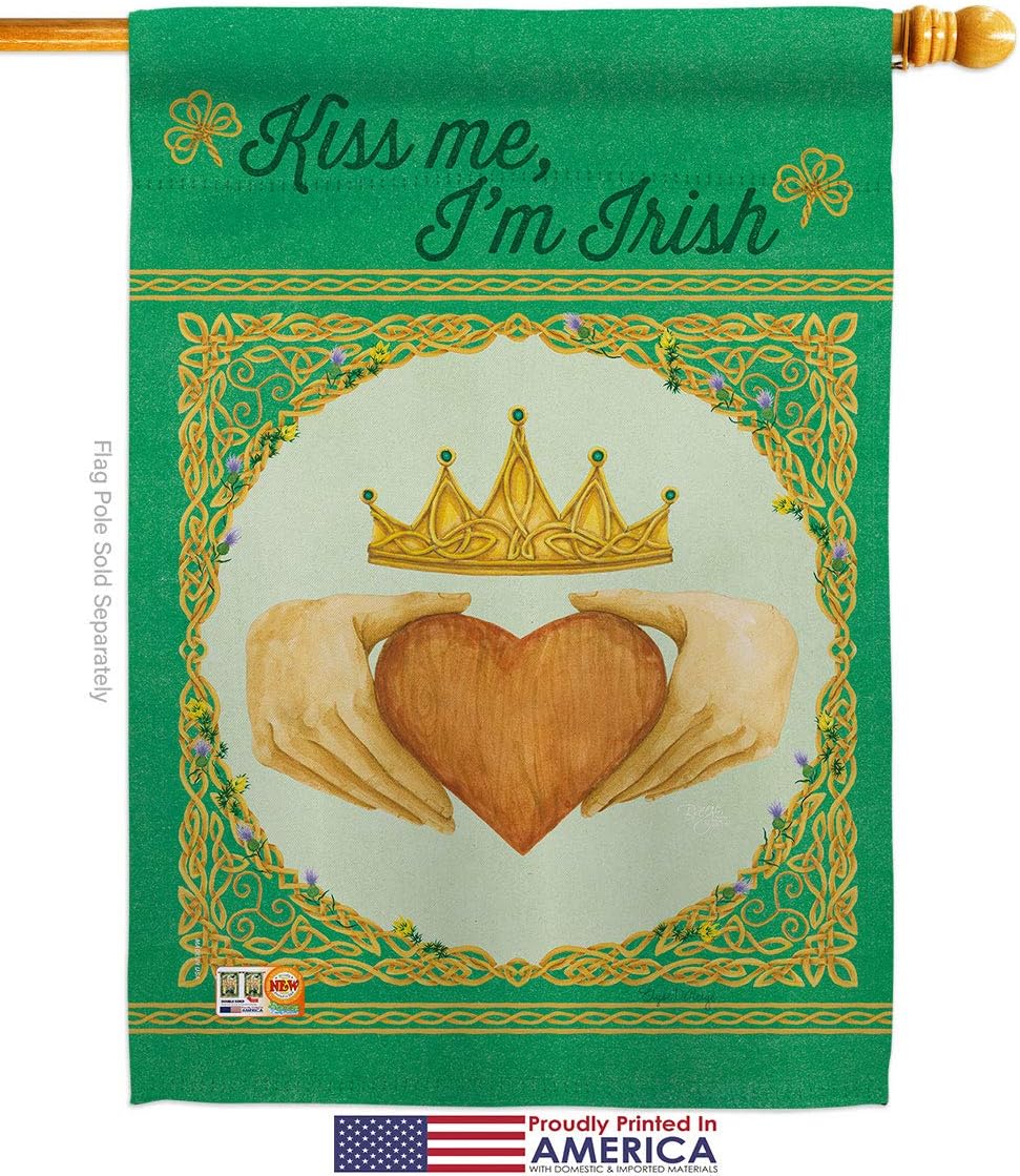 Kiss Me Im Irish House Flag Springtime St Patrick Shamrock Leprechaun Lucky Coin Holiday March Clover Small Decorative Gift Yard Banner Made In USA 28 X 40