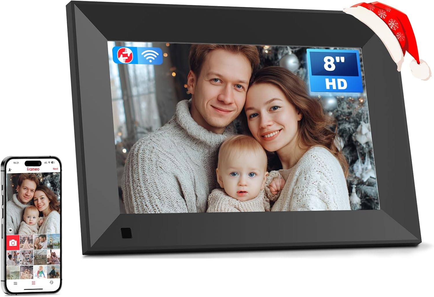 Frameo 8 Inch Smart WiFi Digital Photo Frame with 1280x800 HD IPS Touchscreen, Frameo Digital Frame WiFi 16GB, Wall Mountable, Share Photo/Video via Apps, Email, Support USB/Mirco SD, Black 8” FHD Touch Screen Black