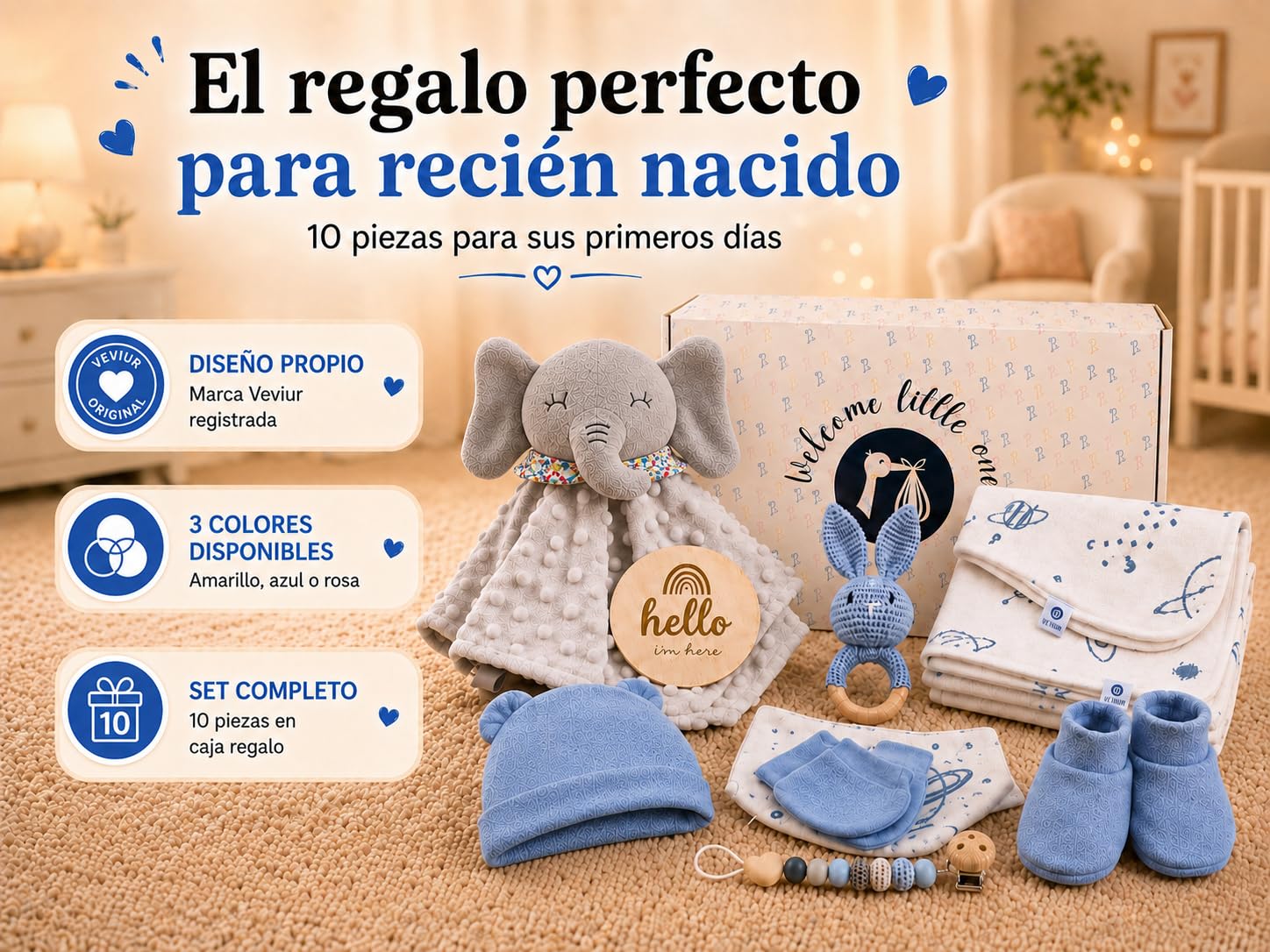 Canastilla Bebé Recién Nacido - Cesta Bebé Recién Nacido Niño – Incluye: Doudou Bebe, Sonajero, Portachupetes, Manta, Babero y Otros Textiles Esenciales algodón 100% orgánico hipoalergénico