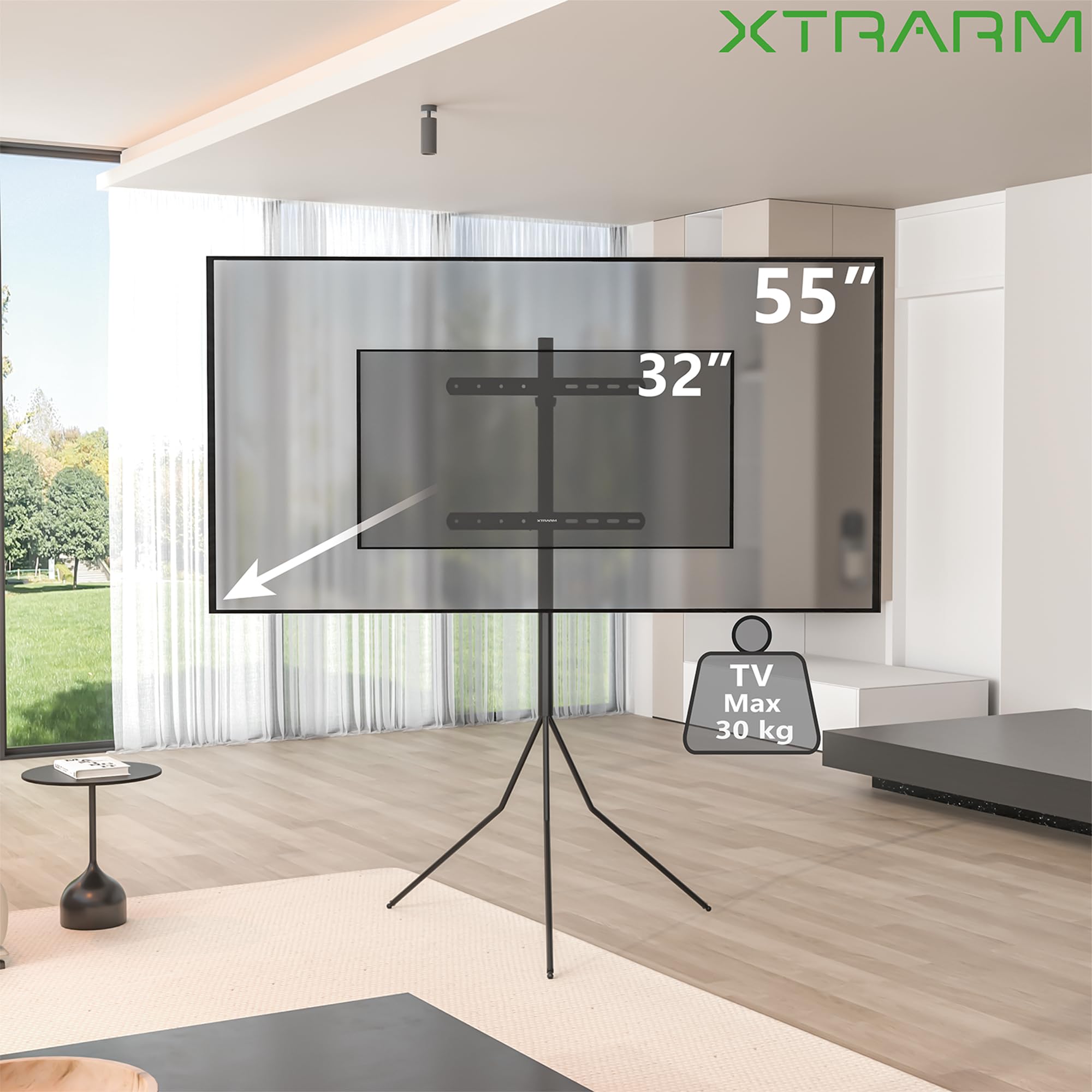 Tripod 400 TV Ständer Bodenständer Schwarz für 32–55 Zoll – Fernseher Ständer mit 360° Rotation, VESA bis 400x400 mm, 30 kg Traglast, mobiler TV Halterung & Ständer