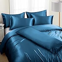 Vista 22 de Ersmak Juego de funda de edredón de satén de 6 piezas, tamaño matrimonial/queen, de lujo, con 1 funda de edredón suave, 4 fundas de almohada Queen