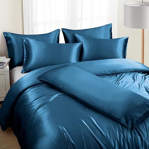 Miniatura 22 de Ersmak Juego de funda de edredón de satén de 6 piezas, tamaño matrimonial/queen, de lujo, con 1 funda de edredón suave, 4 fundas de almohada Queen