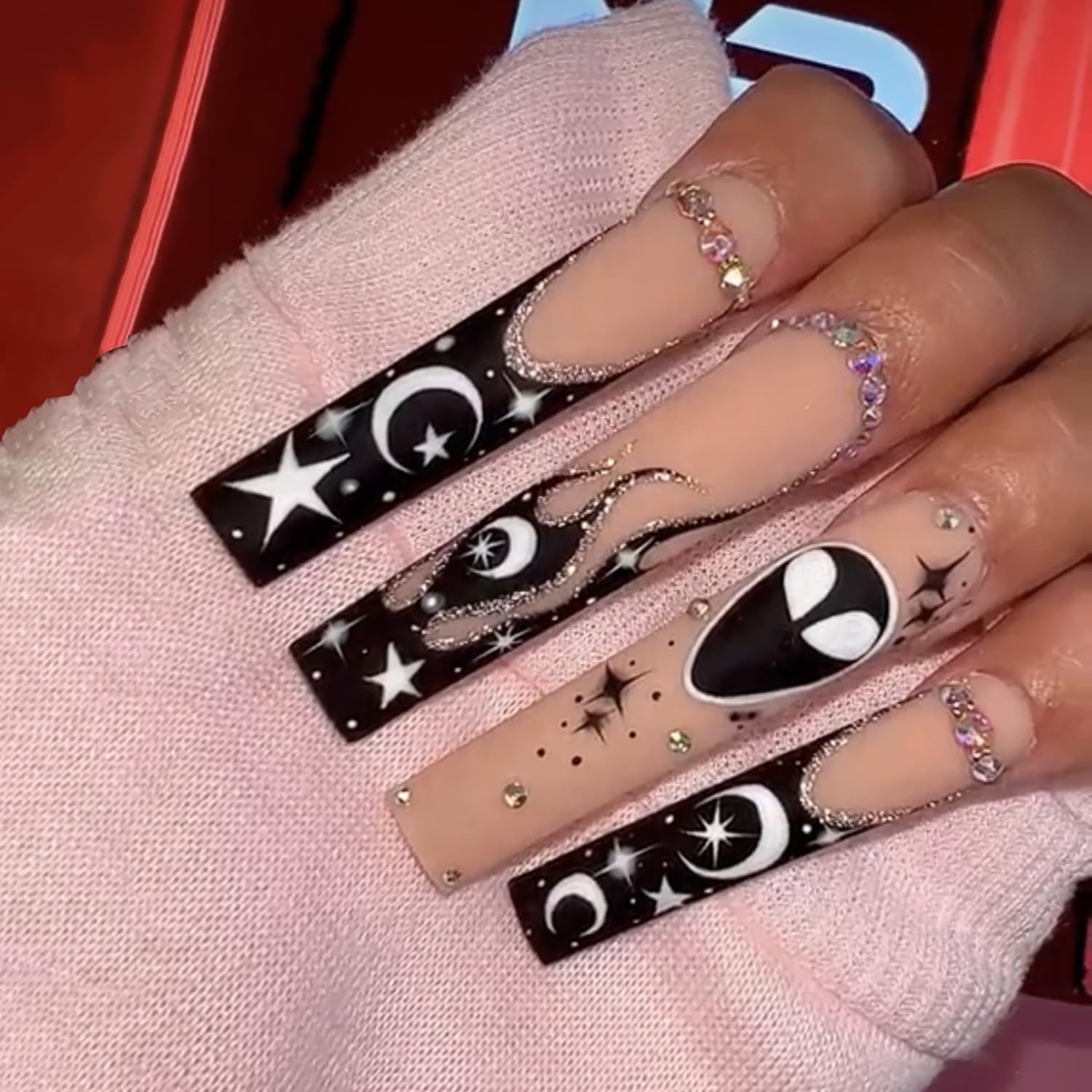 FOXIIU Press on Nails Coffin Long Length Glossy Full Cover Acrylic Coffin Shape French False Nails with Designs Artificial Ballerina Square Fake Nails