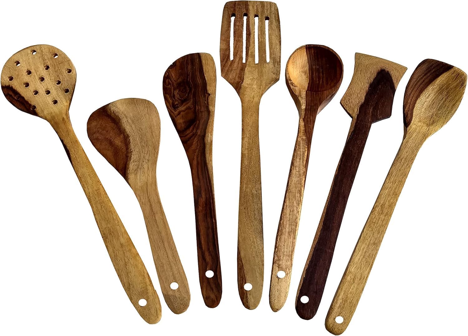 Wooden Cooking and Serving Spoons Non Stick (Set of 7) - Kitchen Tools Utensils SpatulasLadles