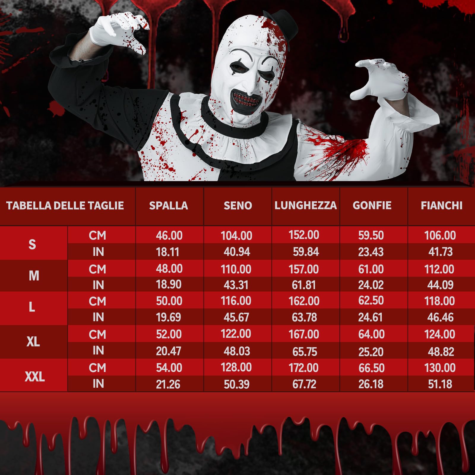 Costume Art the Clown Uomo, Costume Clown Horror Halloween Kit di Travestimento Clown Terrifier Uomo con Tuta Bianca Nera e Maschera Cappello Clown Terrifier per Halloween Carnevale