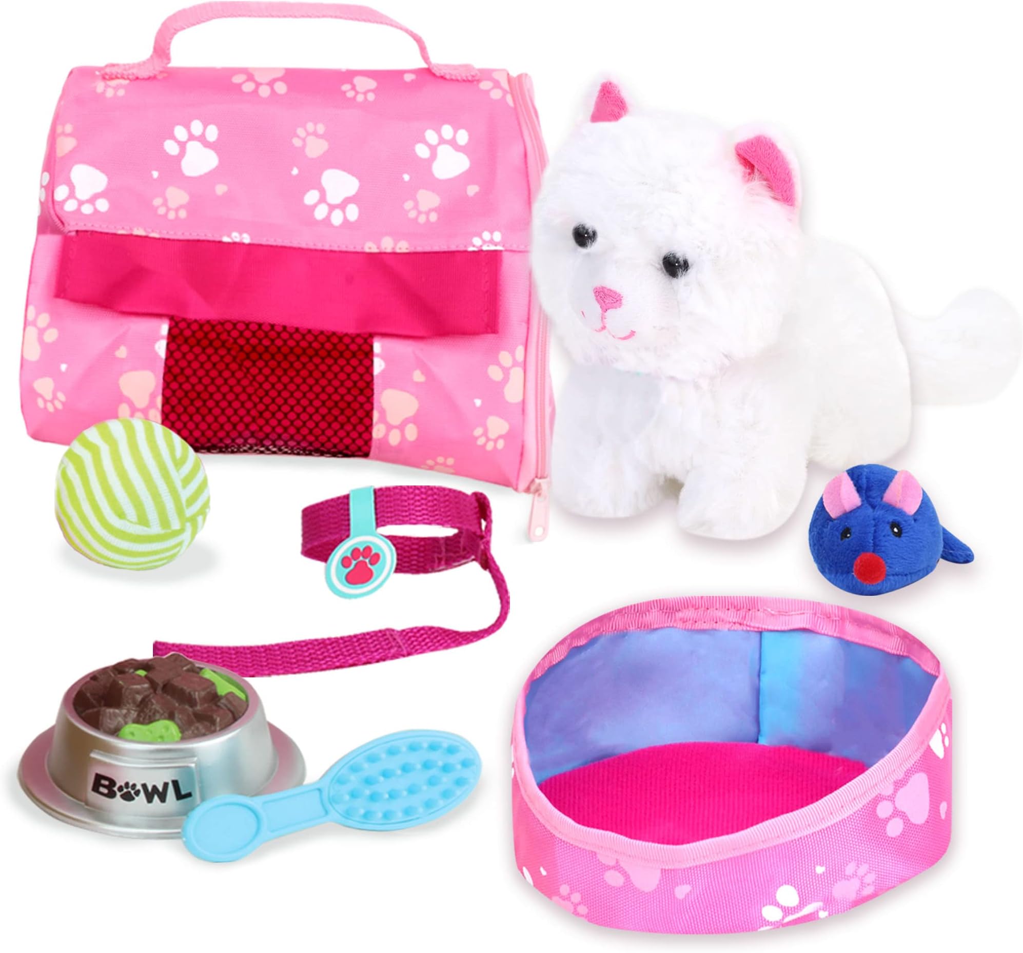 Sophia's White Plush Kitty Cat and Accessories Set with Leash, Food Bowl, Comb, Toy Ball, Toy Mouse, Bed, Blanket, and Carrier for 18" Dolls
