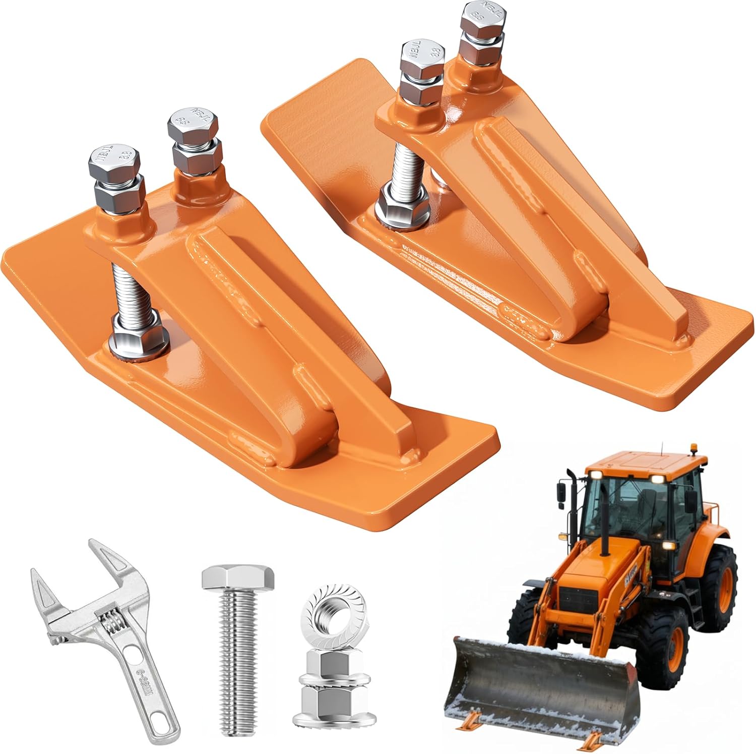 Upgraded Tractor Bucket Protector — 8.8 Grade M20 Heavy-Duty Bolts & 2-Piece Heavy-Duty Steel Tractor Bucket Skid Shoes with Dual Locking Nuts and Adjustable Wrench, Effectively clears snow, Orange