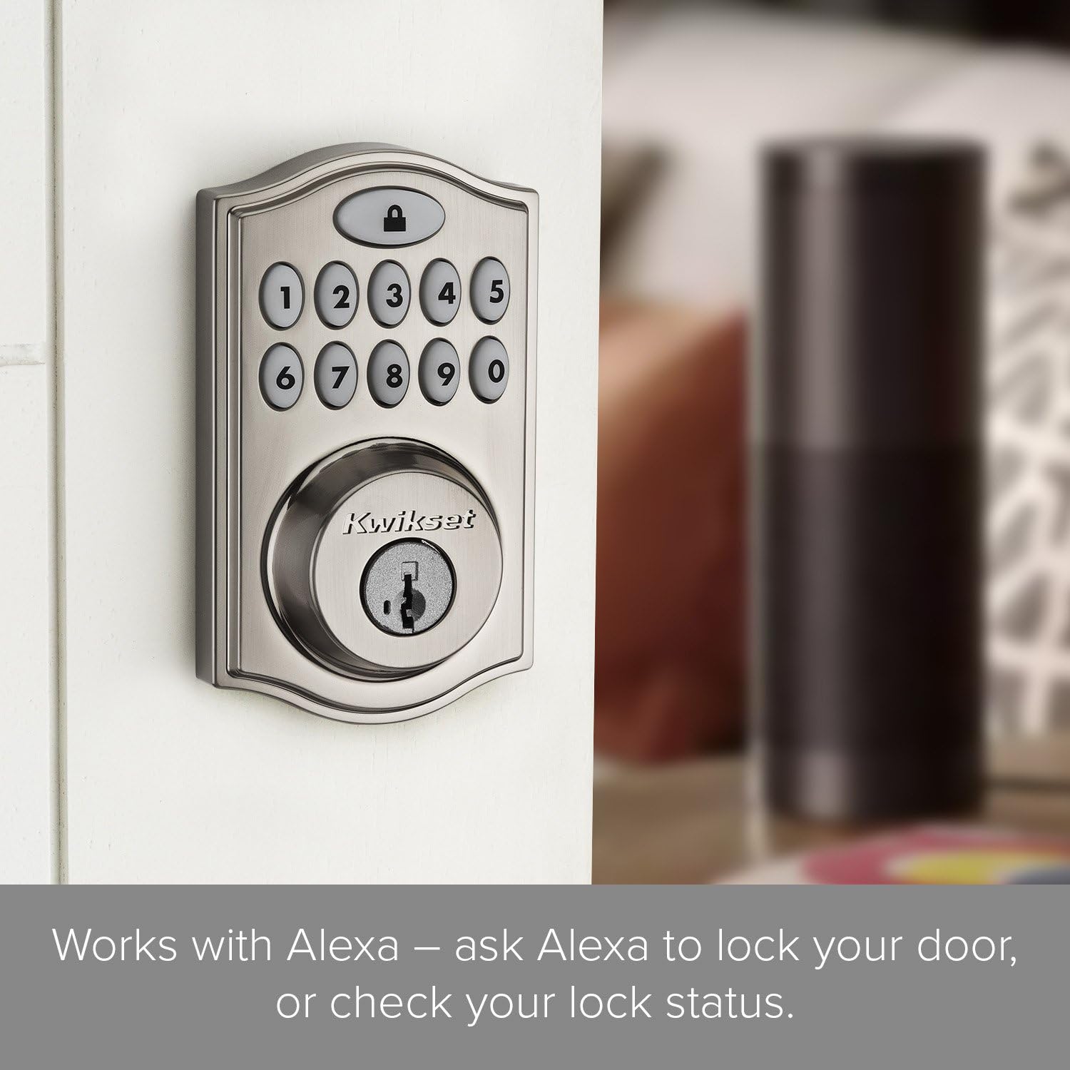 Kwikset SmartCode 914 Keypad Smart Lock (Amazon Key Edition – Amazon Cloud Cam required), Compatible with Alexa, featuring SmartKey in Satin Nickel