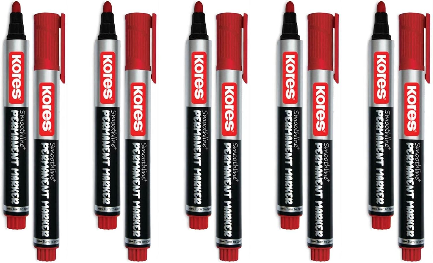 Kores Smoothline+ Permanent Marker Pen, Red | Pack of 10 | Bold, Fade-Resistant & Quick-Dry Ink | Long-Lasting, Non-Toxic, Smooth Writing for Office, School & Home |