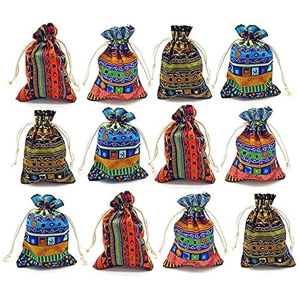 GALAOMA 24pc Egyptian Style Jewelry Coin Pouch Print Drawstring Gift Bag Cotton Sachet Candy Travel Purse Ethnic Reusable Grocery for Party Favors