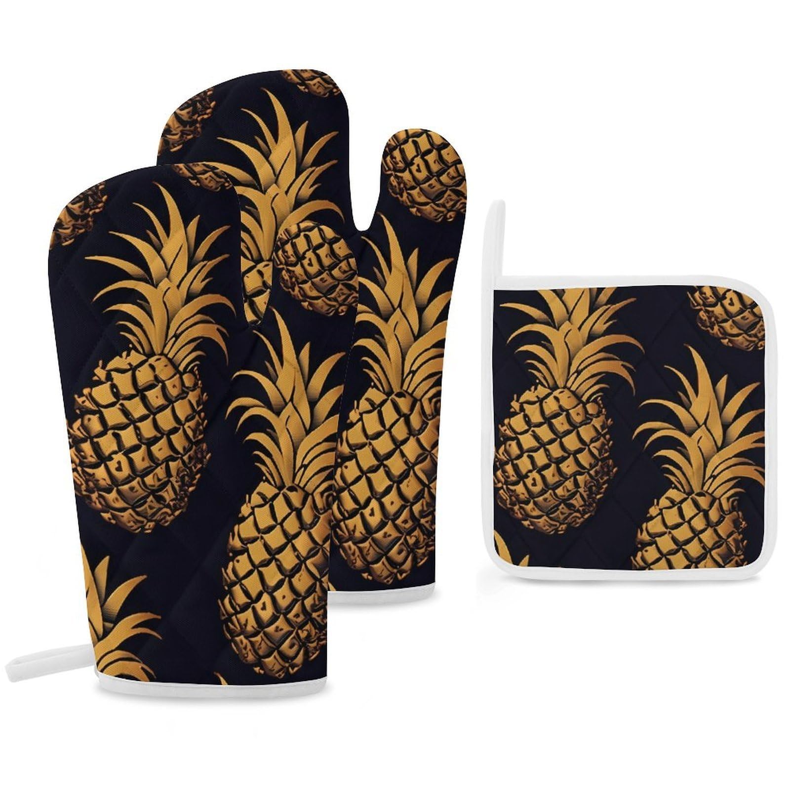 Oven Mitts And Pot Holders Sets of 3 Heat Resistant BBQ Gloves Golden Pineapple Oven Mitts Gloves Non-Slip Kitchen Mittens Potholders for Cooking Baking Grilling BBQ Microwave