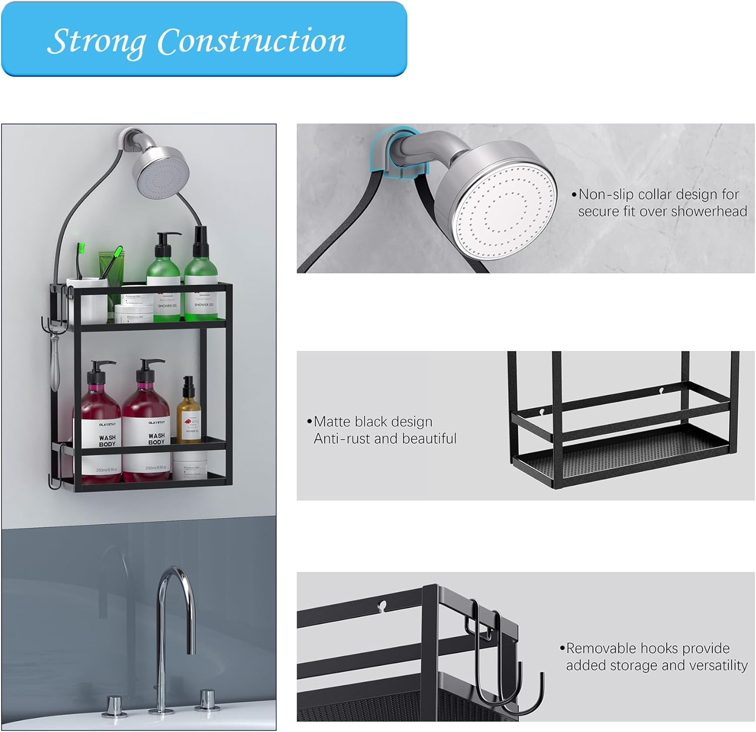 Meangood Shower Caddy, 10.4" x 4.5" x 22.04" Hanging Shower Caddy Organizer Over Shower Head Big Capacity for Shampoo, Conditioner with Hooks for Razor/Sponge, Matte Black