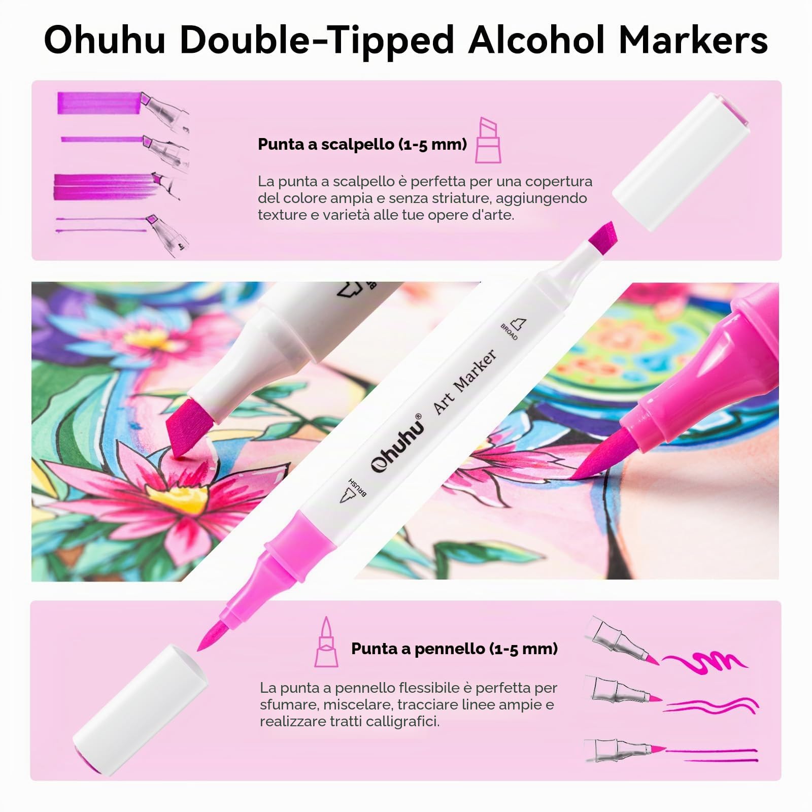 Ohuhu markers, 47+1 colori Pennello e scalpello con doppia punta per pennarelli ad alcool Facile sfumatura per artisti principianti studenti Colorazione Schizzi Illustrazioni Anime e Manga
