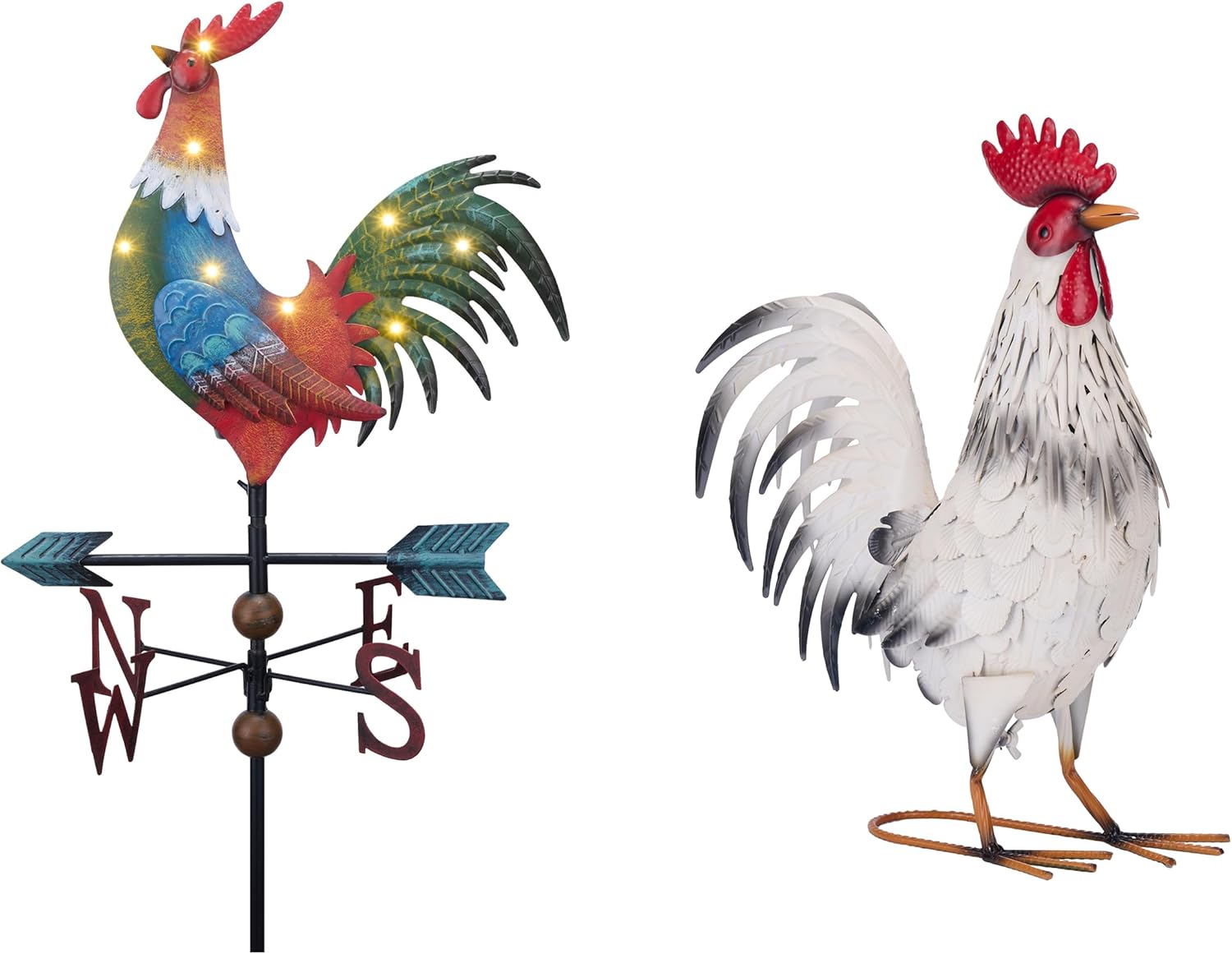 TERESA'S COLLECTIONS Garden Decor with Solar Outdoor Lights, Red Rooster Yard Art Sign for Outside, 39.4'' Metal Weathervane Decorative Garden Stake for Outdoor Decor Lawn, Gifts for Mothers Day