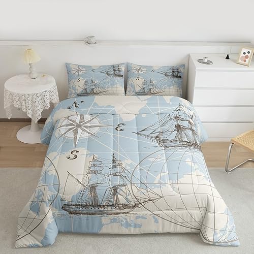 Miniatura 2 de Juego de edredón náutico tamaño matrimonial, juego de ropa de cama con mapa del mundo para niños, niñas y adolescentes, funda de edredón con diseño