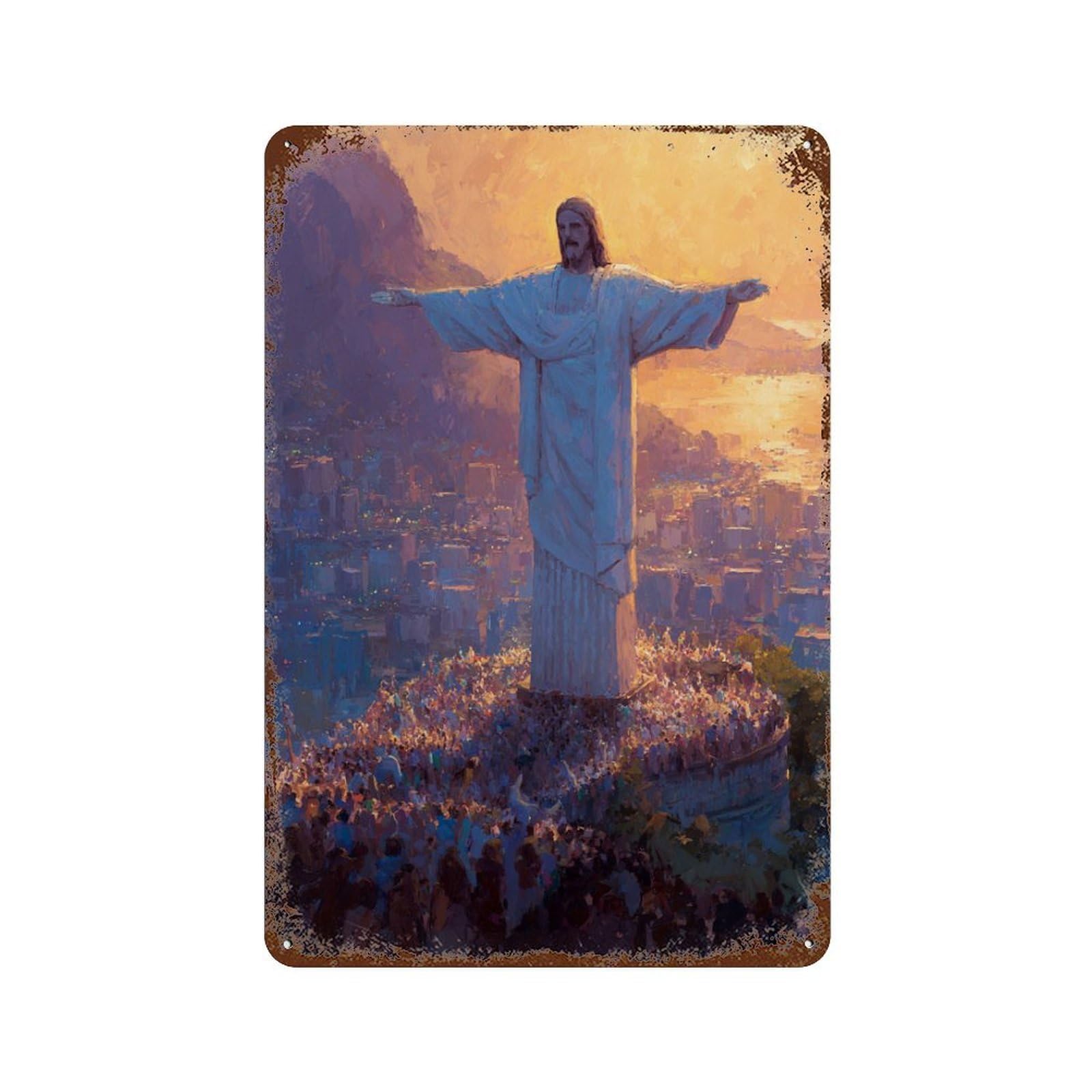 Christ The Redeemer Statue Vintage Rust Metal Sign 11.8"x7.9", Ideal for Bistro, Counter And Cafe Decor