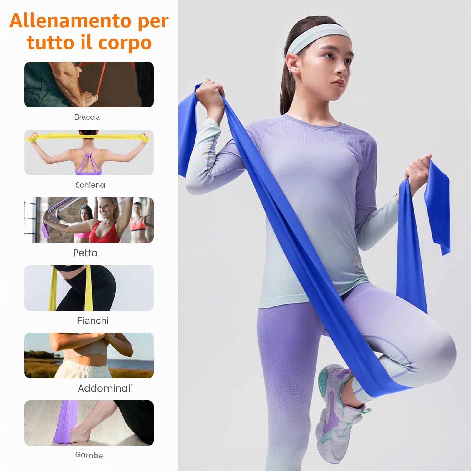 GRIFEMA GA5002 Fasce elastiche fitness [set da 4] 1,8 m, fasce elastiche con 4 livelli di resistenza per allenamento della forza, yoga, pilates