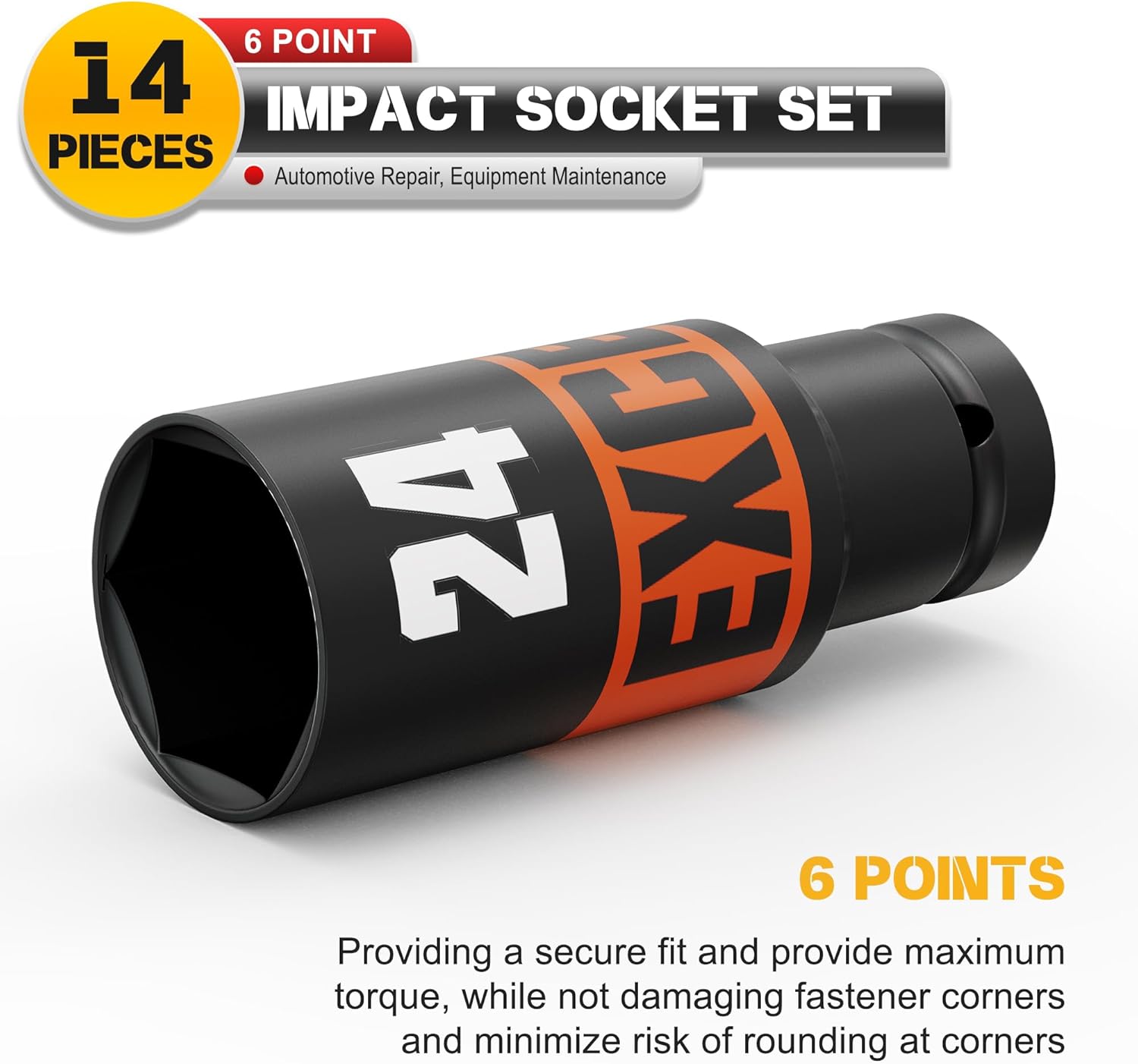 14 Piece 1/2-Inch Drive Impact Socket Set, 10-24mm Deep Sockets, 6 Point Metric Sockets for Automotive Repair, Equipment Maintenance