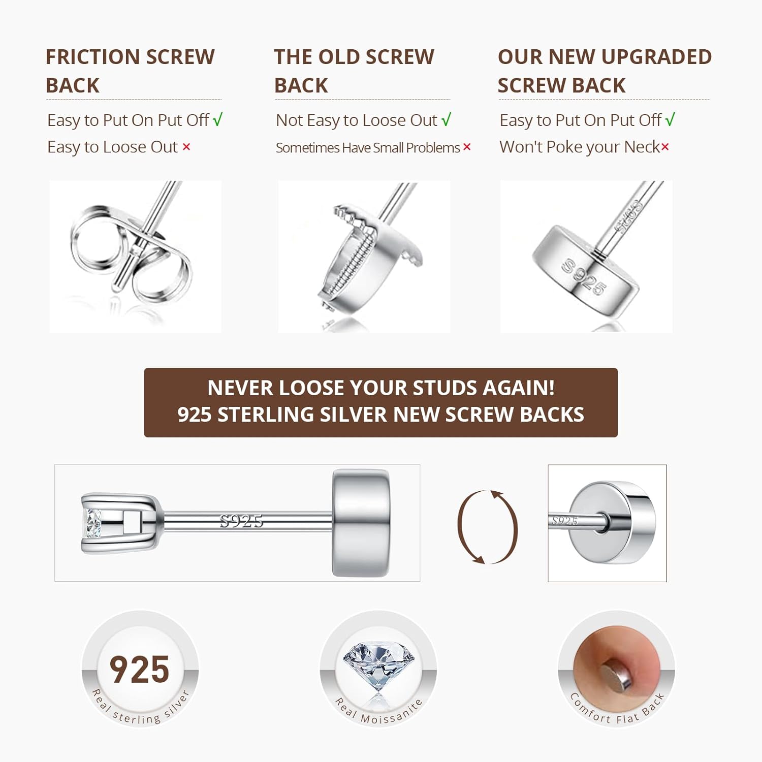 4 Pair Moissanite Stud Earrings Set Gold/Silver, S925 Sterling Silver Flat Back Earrings for Women Men Hypoallergenic 14K/White Gold Plated Helix Cartilage Piercing Jewelry Gift for Her - Image 7