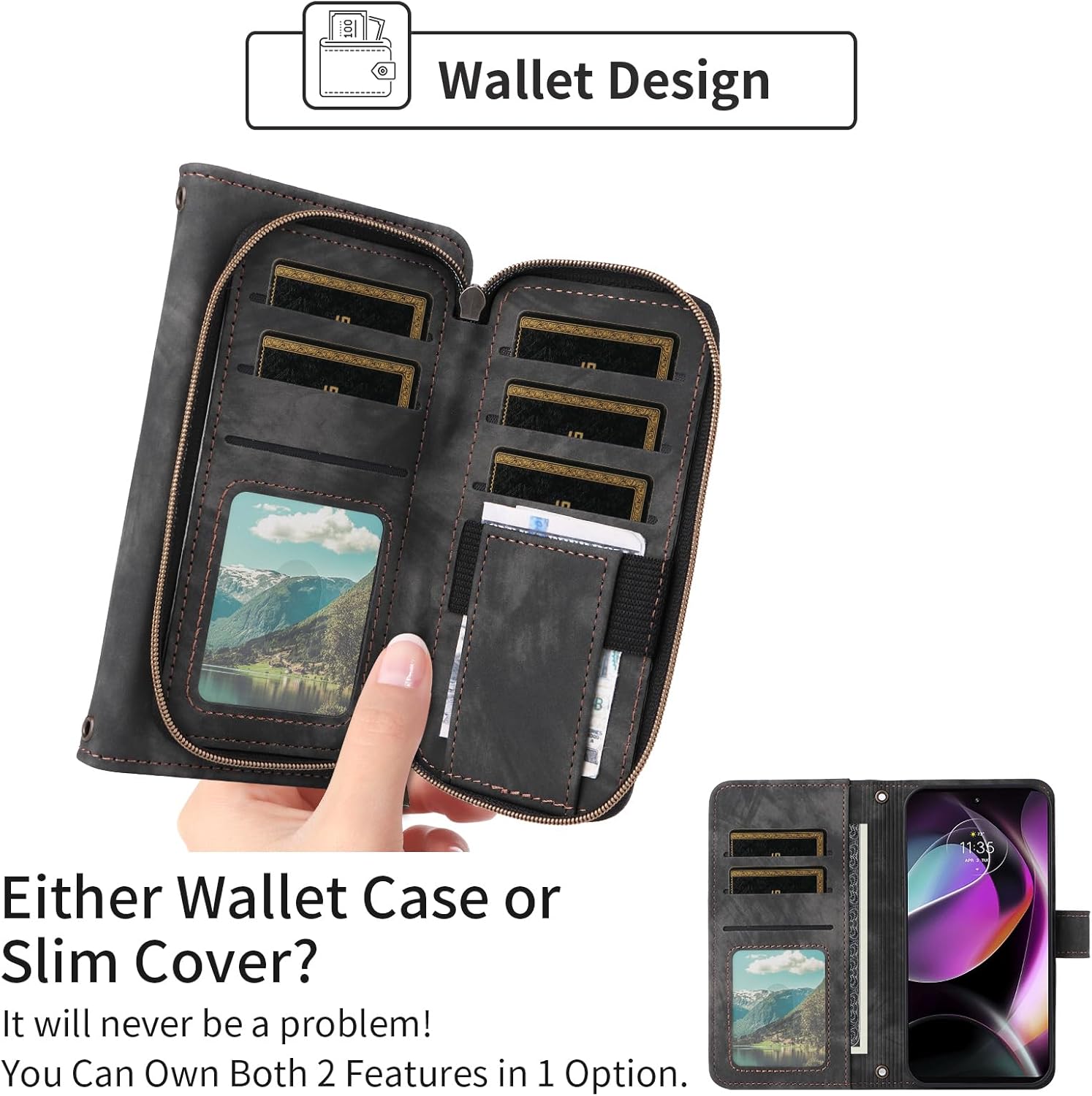 Phone Case for Motorola Moto G 5G 2022 Wallet Cell Cover with Tempered Glass Screen Protector Crossbody Lanyard Strap Flip Zipper Purse Card Holder MotoG 5 G G5G 2022 XT2213-3 XT2213-2 Women Men Black