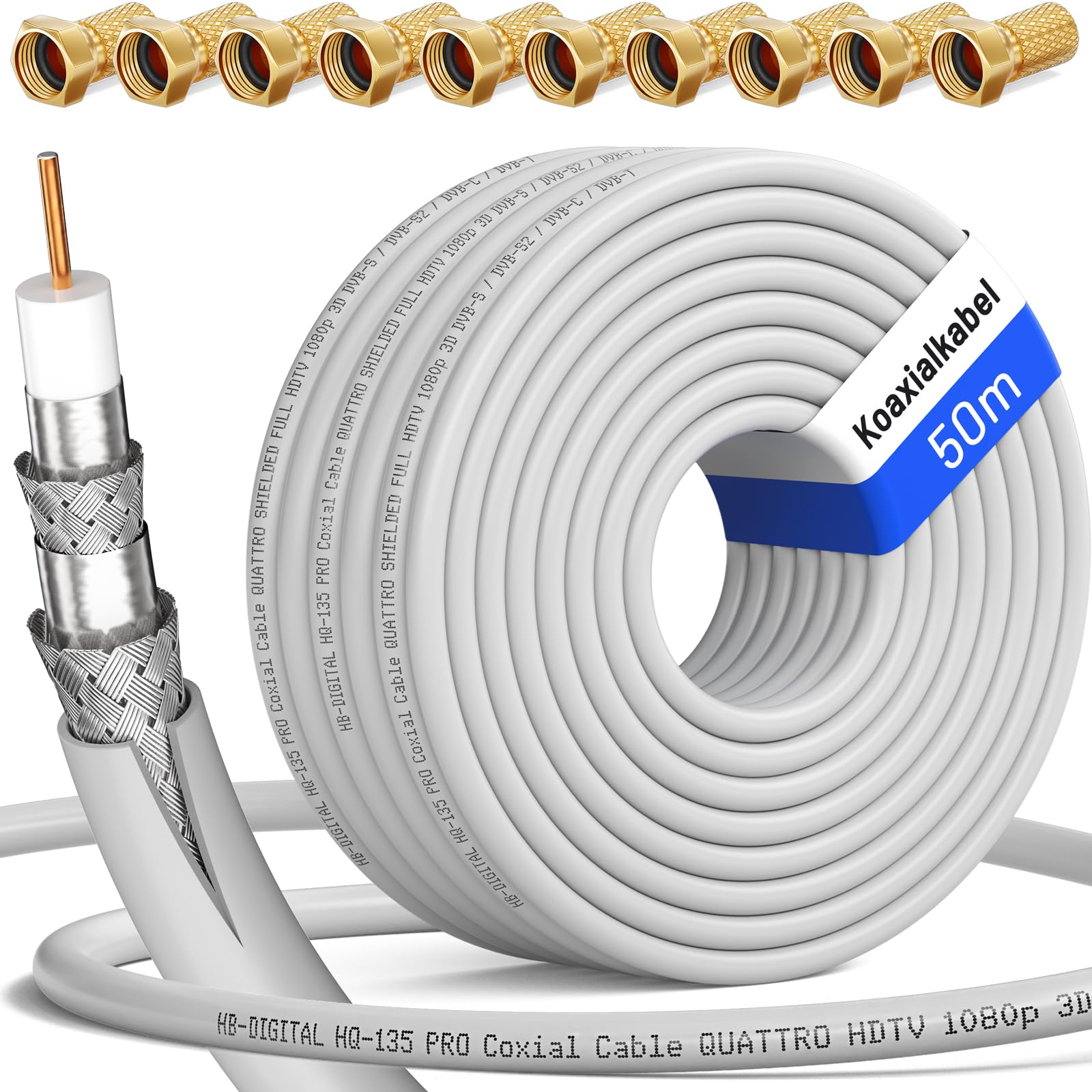HB-DIGITAL 50m Cable Coaxial HQ-135 Cable de Antena 135dB Cable SAT 8K 4K UHD 4 Veces Apantallado Para Sistemas DVB-S / S2 DVB-C / C2 DVB-T / T2 DAB+ Radio BK + 10 F-Plug GRATIS