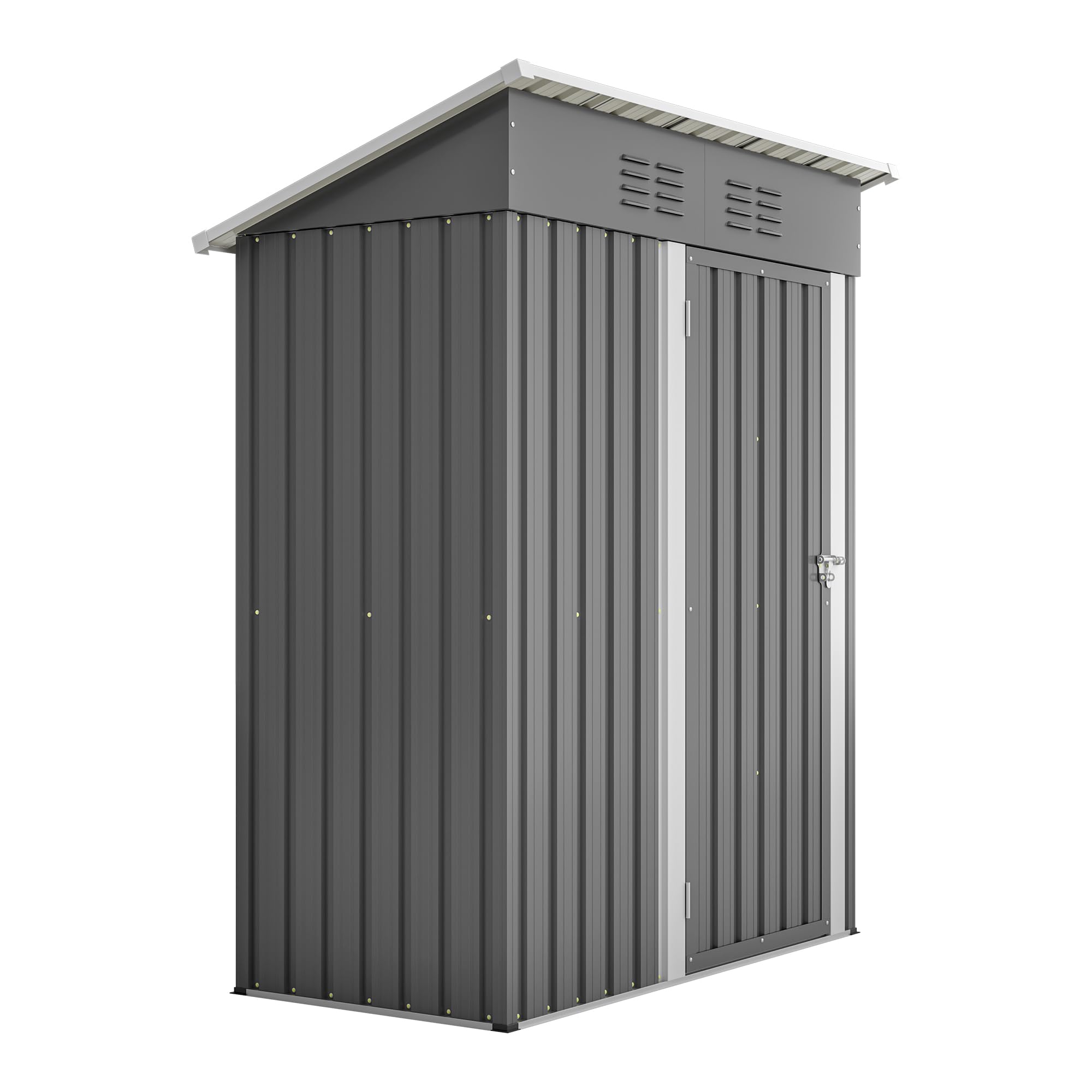 Casetta da giardino, tetto piatto, 152 x 84 x 182 cm, in metallo, con porta chiudibile senza finestra, resistente alle intemperie, robusto spazio per attrezzi da giardino e articoli stagionali, grigio