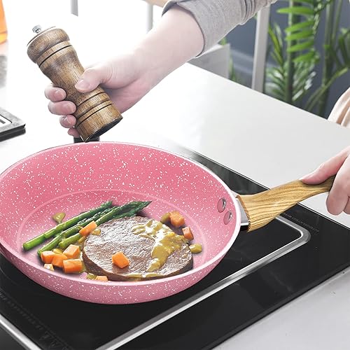 Miniatura 7 de Juego de sartenes antiadherentes, sartén para huevos rosados de 8, 9.5 y 11 pulgadas, sartén antiadherente para tortilla sin PFOA, utensilios de