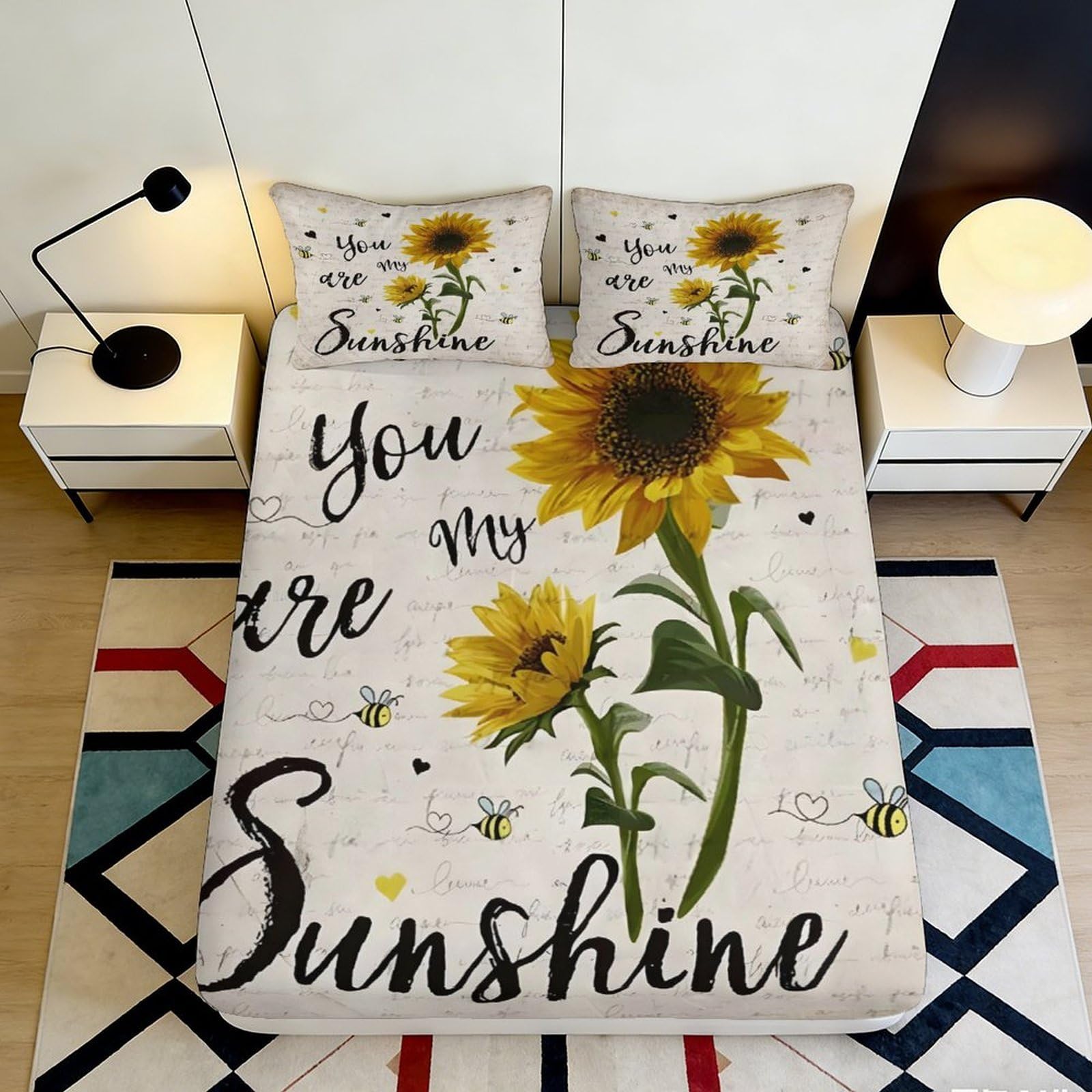 3D Printed Sunflower Fitted Sheet Microfiber Soft Yellow Floral Bee Bed Cover for Bedroom Dorm Decor Protection 90x200x25cm