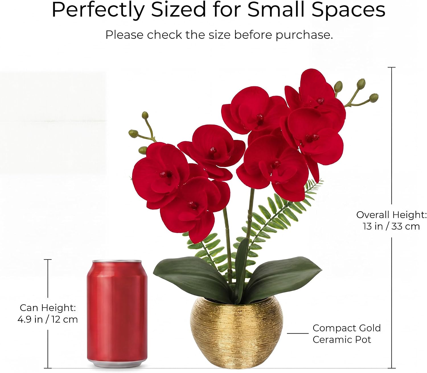 Briful 13" Small Artificial Orchid Flowers in Gold Ceramic Pot, Red Faux Phalaenopsis Silk Orchid Arrangement for Bathroom Vanity Bedroom Office Desk Shelf Romantic Room Decor image 2