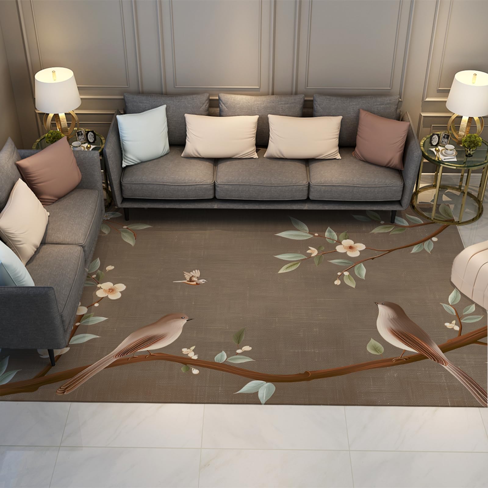 Tapis style chinois pour salon et chambre à coucher décor classique fleurs oiseaux 180x240