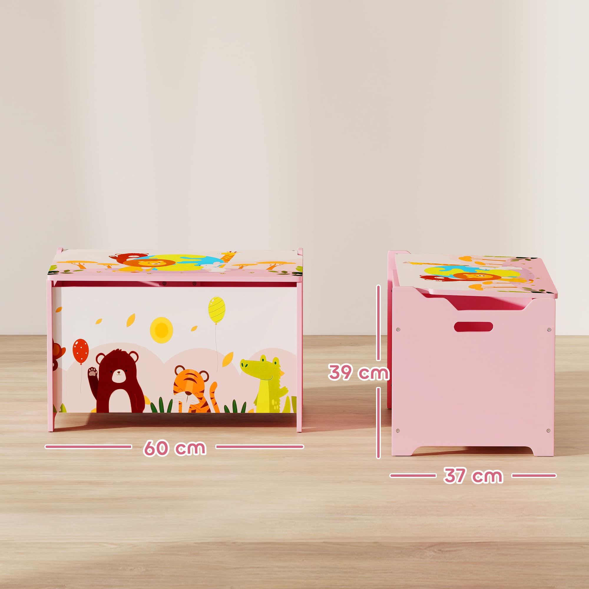 AIYAPLAY Baule Portagiochi per Bambini, Contenitore per Giocattoli in Legno con Cerniere di Sicurezza, Mobile per Cameretta e Salotto con Disegni di Animali, 60x37x39 cm, Rosa