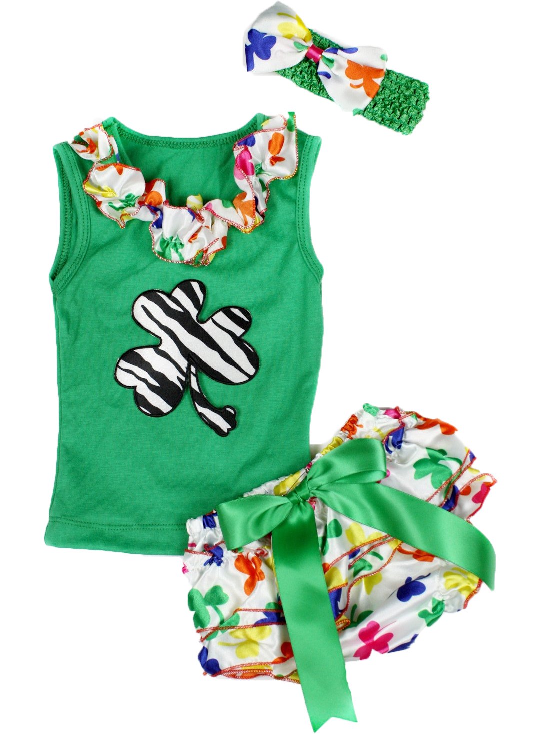 St Patrick Day Dress Zebra Clover Green Shirt Rainbow Leafs Bloomer Set 3-12m (Green)