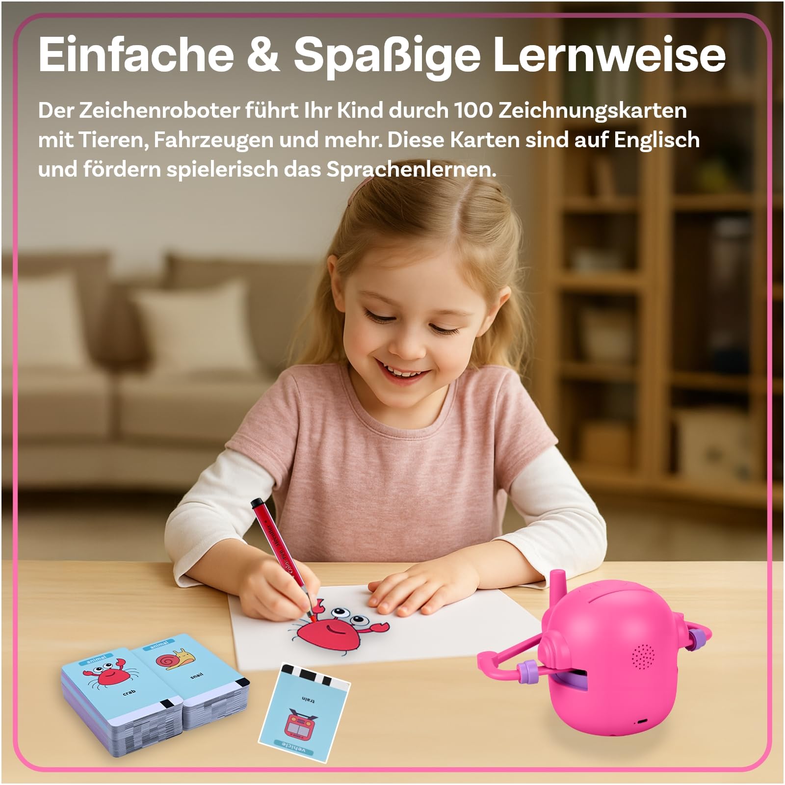 Zeichenroboter für Kinder von MMOBIEL – Malroboter Interaktives Lernspielzeug mit 100 Zeichenkarten, Sprachanleitung, 12 Farbstiften & USB-C Akku – Kreatives Geschenk für Kinder von 3–9 Jahren – Rosa