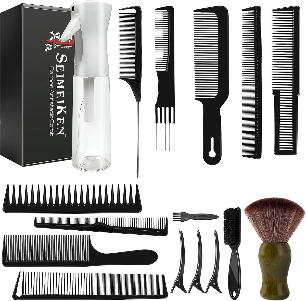 Juego de cepillos y peines de peluquero profesional de 16 piezas | Botella de spray continuo de 10 oz (300 ml), peine de cola de rata de fibra de carbono, plumero para el cuello, para hombres, mujeres, salón y hogar