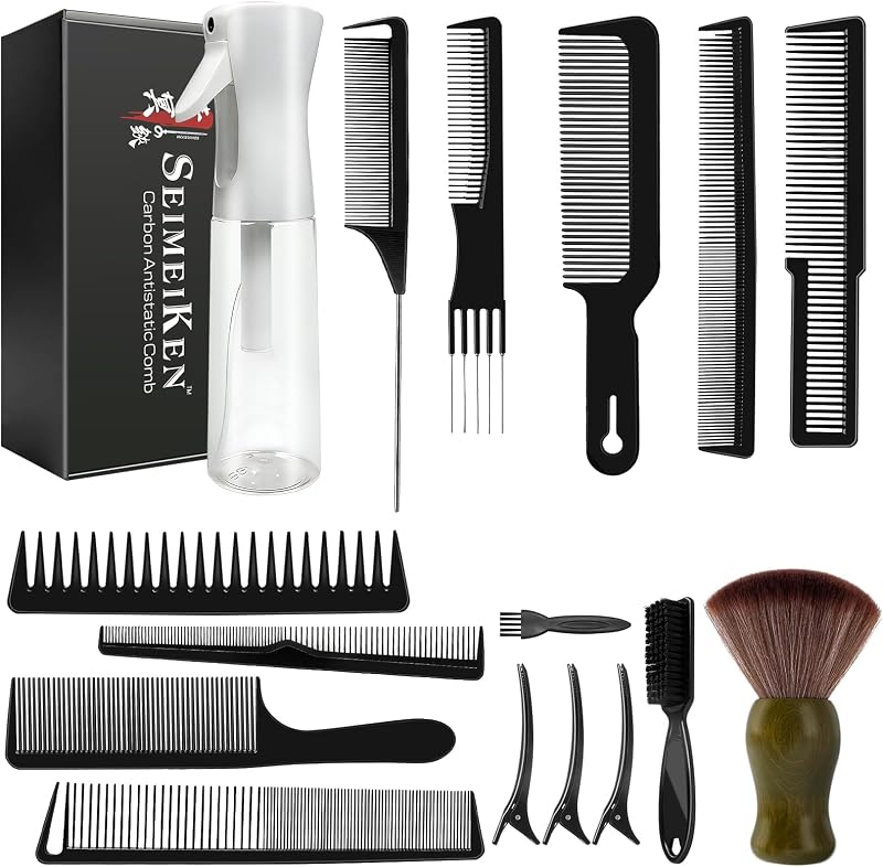 Juego de cepillos y peines de peluquero profesional de 16 piezas | Botella de spray continuo de 10 oz (300 ml), peine de cola de rata de fibra de carbono, plumero para el cuello, para hombres, mujeres, salón y hogar