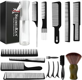 16 PCS Professional Barber Comb & Brush Set | 10oz (300ml) Continuous Spray Bottle, Carbon Fiber Rat Tail Comb, Neck Duster, For Men, Women, Salon & Home