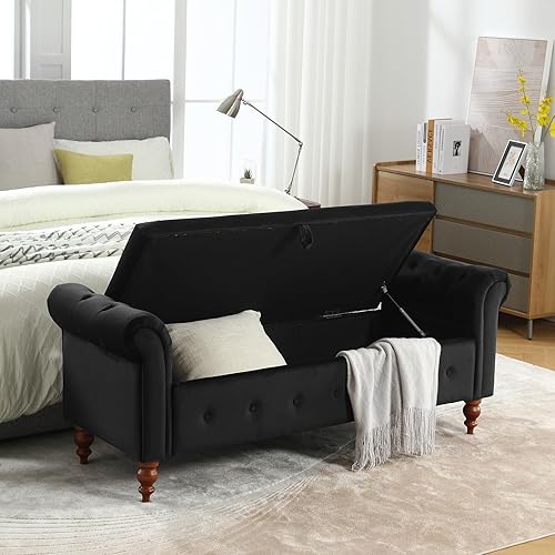 Miniatura 3 de Banco de almacenamiento para dormitorio, banco de pie de cama, tamaño King, largo y moderno tapizado de terciopelo, bancos otomanos con brazo para