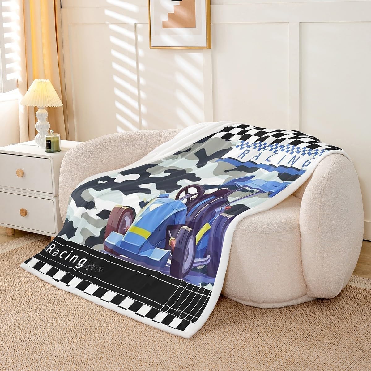 Erosebridal Go Kart Blanket Karting Race Cars Fleece Blanket,Blue Camouflage Throw Blanket 90"x90",Racing Extreme Sport Bed Blanket Abstract Camo Room Decor