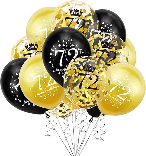 SHUNTAI Globo de cumpleaños número 72 dorado y negro, decoraciones de cumpleaños 72 para hombres y mujeres, globos de látex con confeti, suministros