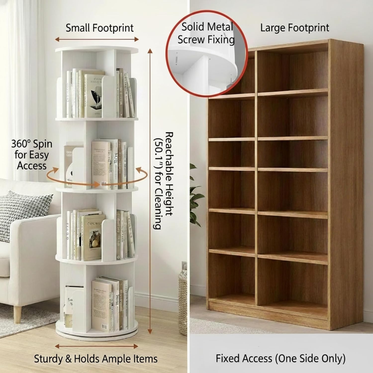 Toki 4-Tier 360 Rotating Bookshelf, Spinning Bookshelf Tower, Revolving Bookcase, Small Corner Book Shelf Organizer for Kids, Living Room Bedroom Home Office, White