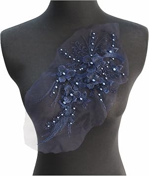 Embroidery Pearl Lace Applique Net Trim Sewing Flower Fabric Collar Patch for Wedding Gown Dress Bridal DIY Crafts Dark Blue