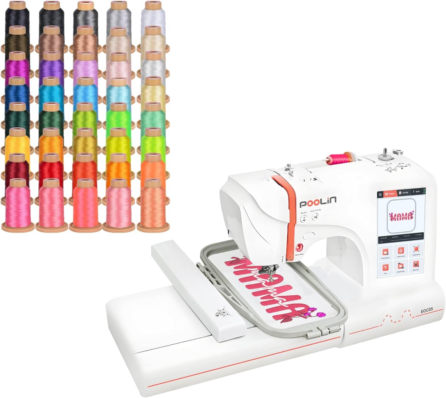 PooLin EOC05 Beginner Embroidery Bundle with 40 Thread Spools (800m), Single-Needle Home Machine for DIY Learning and Personal Projects